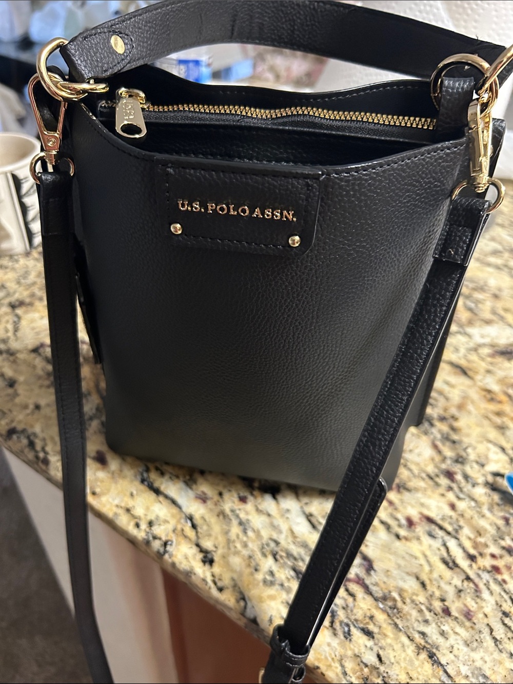 U.S. Polo Assn. Black Pebbled Faux Leather Crossbody Bag with Gold Hardware